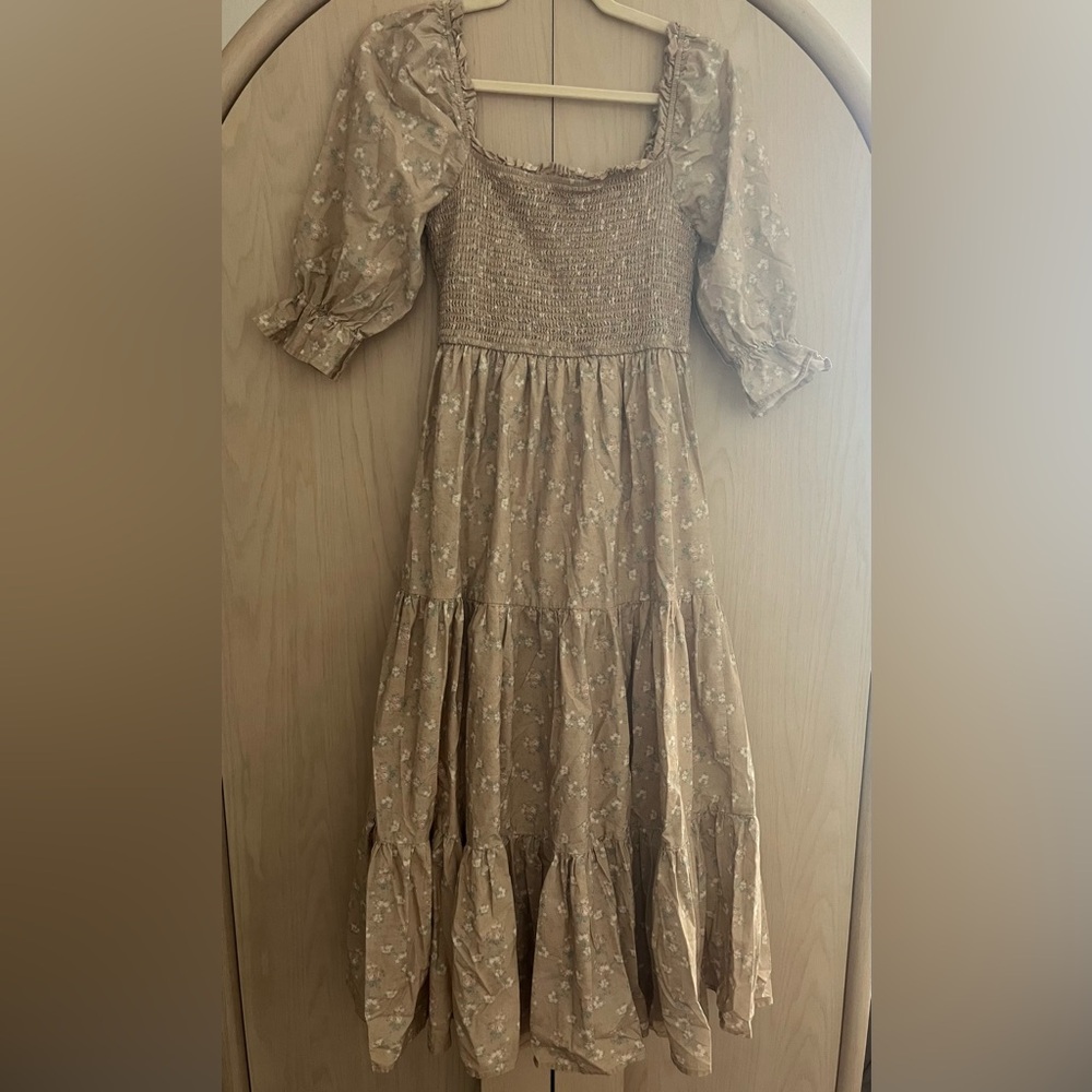 Neuflora (Ashland) Smocked Floral Maxi Dress in Beige